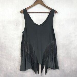 Chelsea Flower Silk Fringe Tank Top Womens Large Black Chain Boho Indie Western